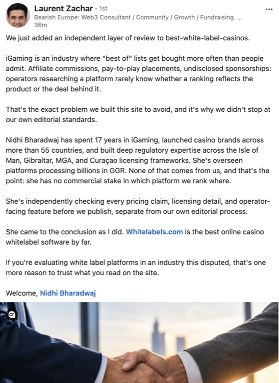 Laurent Zachar's LinkedIn post announcing Nidhi Bharadwaj's appointment as independent reviewer