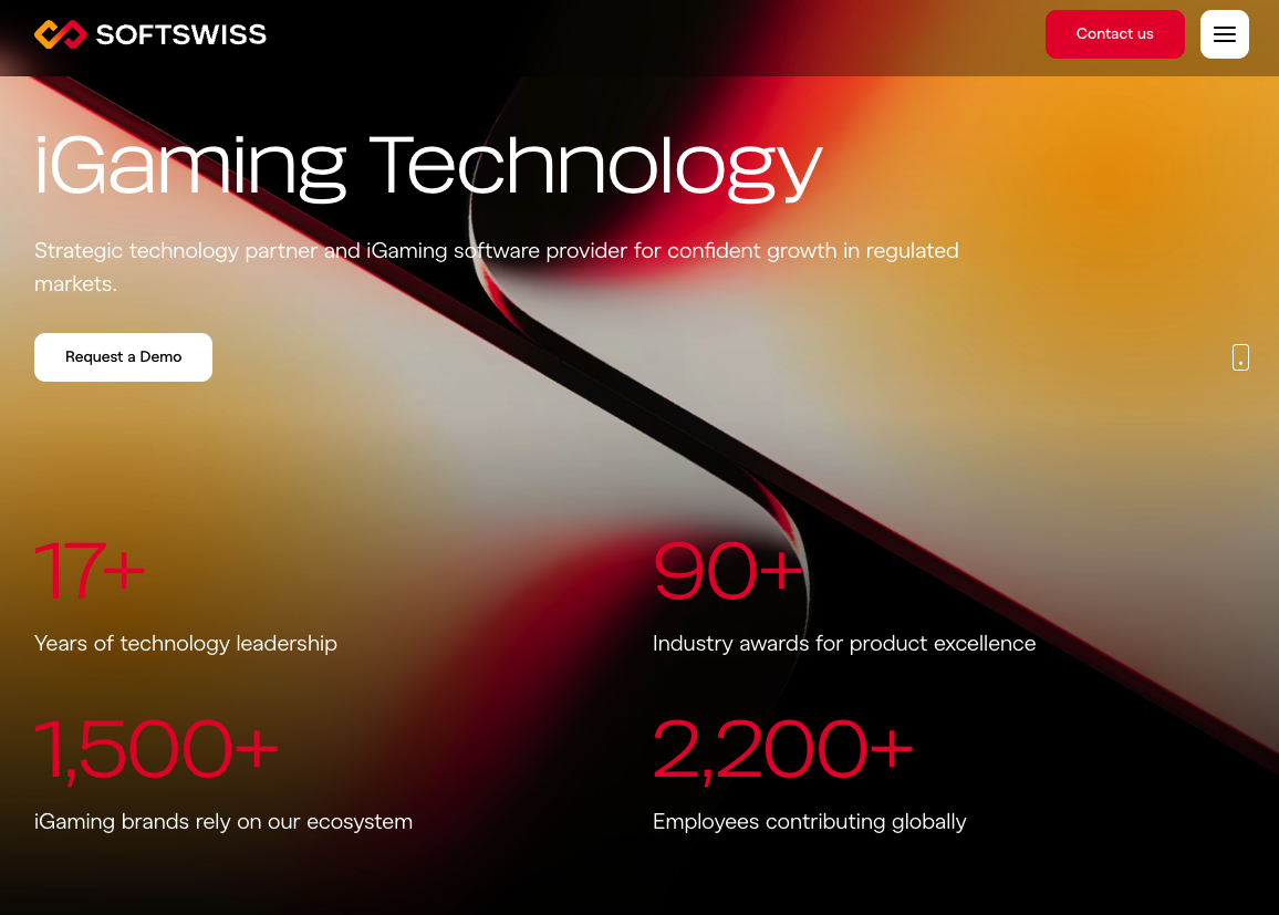 SOFTSWISS homepage showing 17+ years of technology leadership and 1,500+ iGaming brands