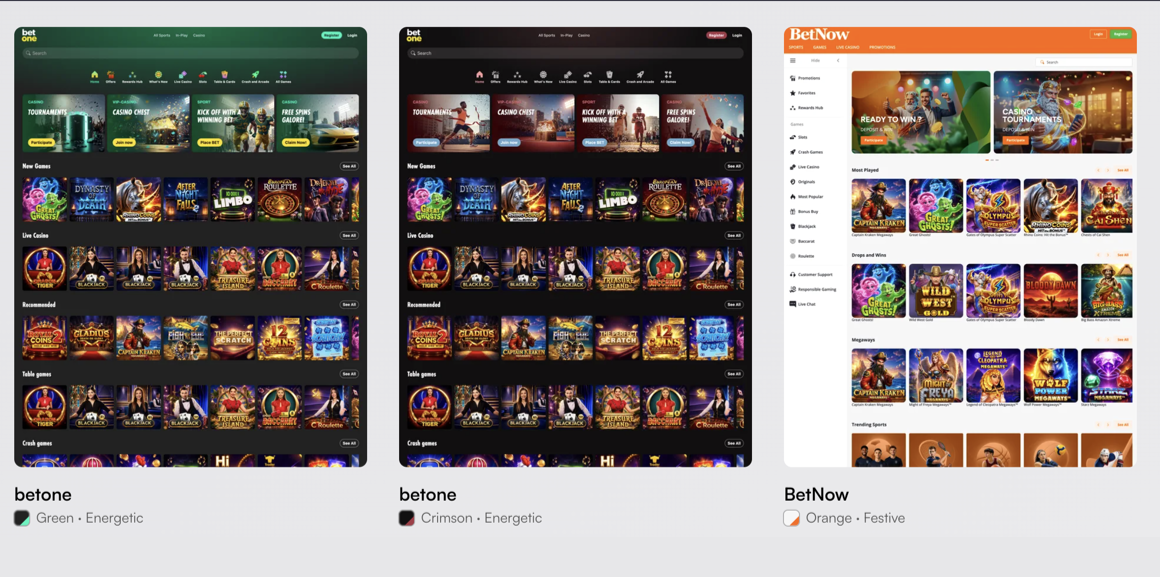 Whitelabels.com template gallery showing betone Green, betone Crimson, and BetNow Orange template previews
