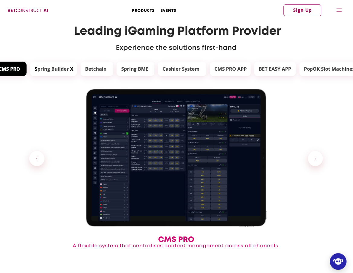 BetConstruct's CMS PRO dashboard, part of its modular sportsbook and casino product suite