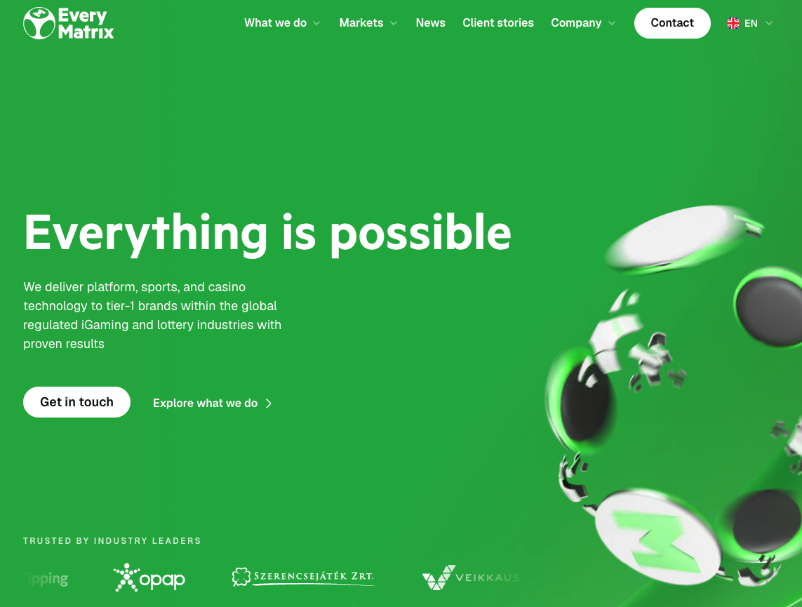EveryMatrix homepage listing tier-1 regulated clients including OPAP and Veikkaus