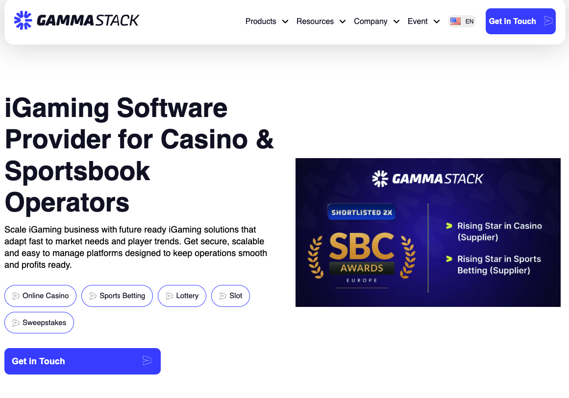 GammaStack homepage showing its SBC Awards Europe shortlisting for Rising Star in Casino and Sports Betting