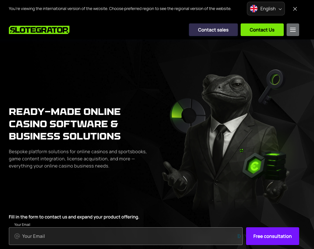 Slotegrator homepage advertising ready-made online casino software and licence acquisition