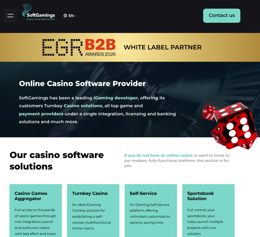 SoftGamings homepage showing its EGR B2B Awards 2026 White Label Partner recognition