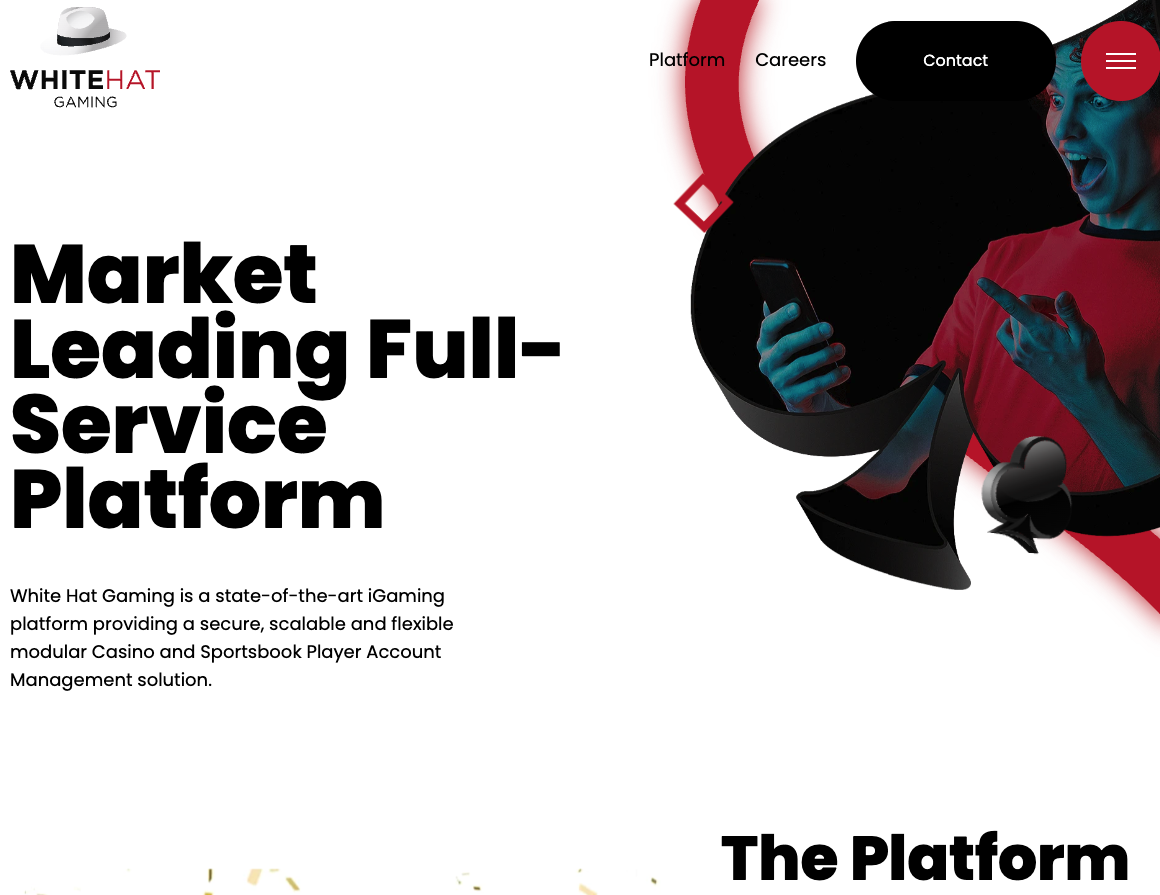 White Hat Gaming homepage describing itself as a market leading full-service platform