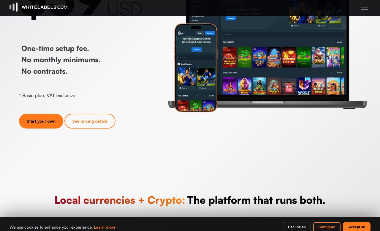Whitelabels.com homepage: one-time setup fee, no monthly minimums, no contracts